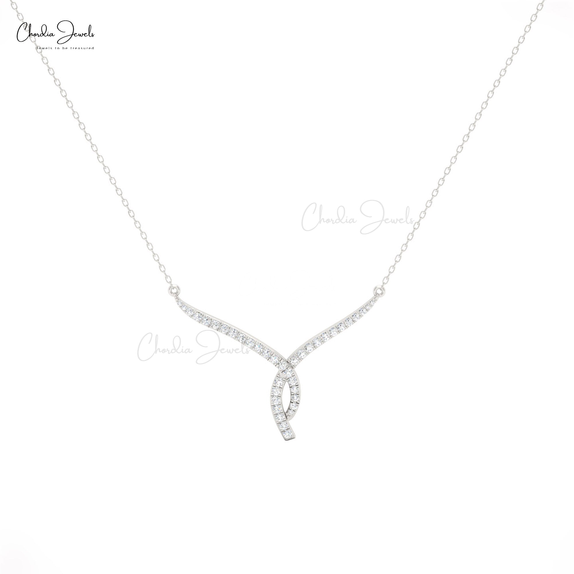 Twisted V Necklace in 14K Solid Gold with White Diamonds for Wedding