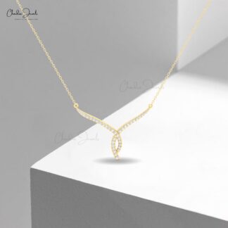 Twisted V Necklace in 14K Solid Gold with White Diamonds for Wedding