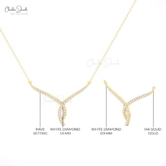 Twisted V Necklace in 14K Solid Gold with White Diamonds for Wedding