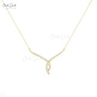 Twisted V Necklace in 14K Solid Gold with White Diamonds for Wedding