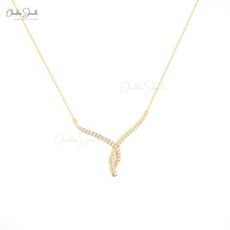 Twisted V Necklace in 14K Solid Gold with White Diamonds for Wedding