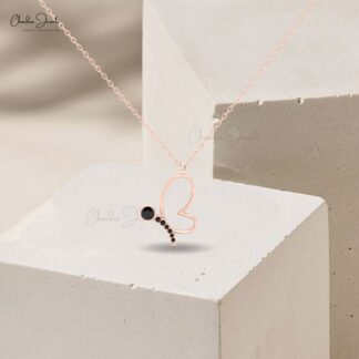 Butterfly Charm Necklace with Black Diamond in 14K Solid Gold