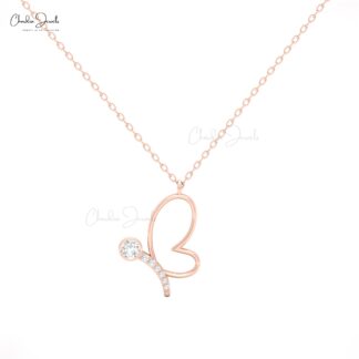 CJ Butterfly Charm Necklace with 16mm White Diamond in 14K Solid Gold