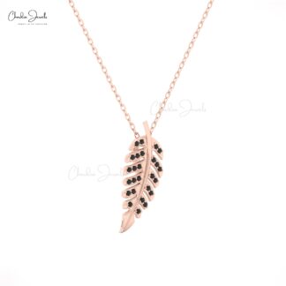 CJ AAA Leaf Pendant Necklace ? 14K Solid Gold with Black Diamonds
