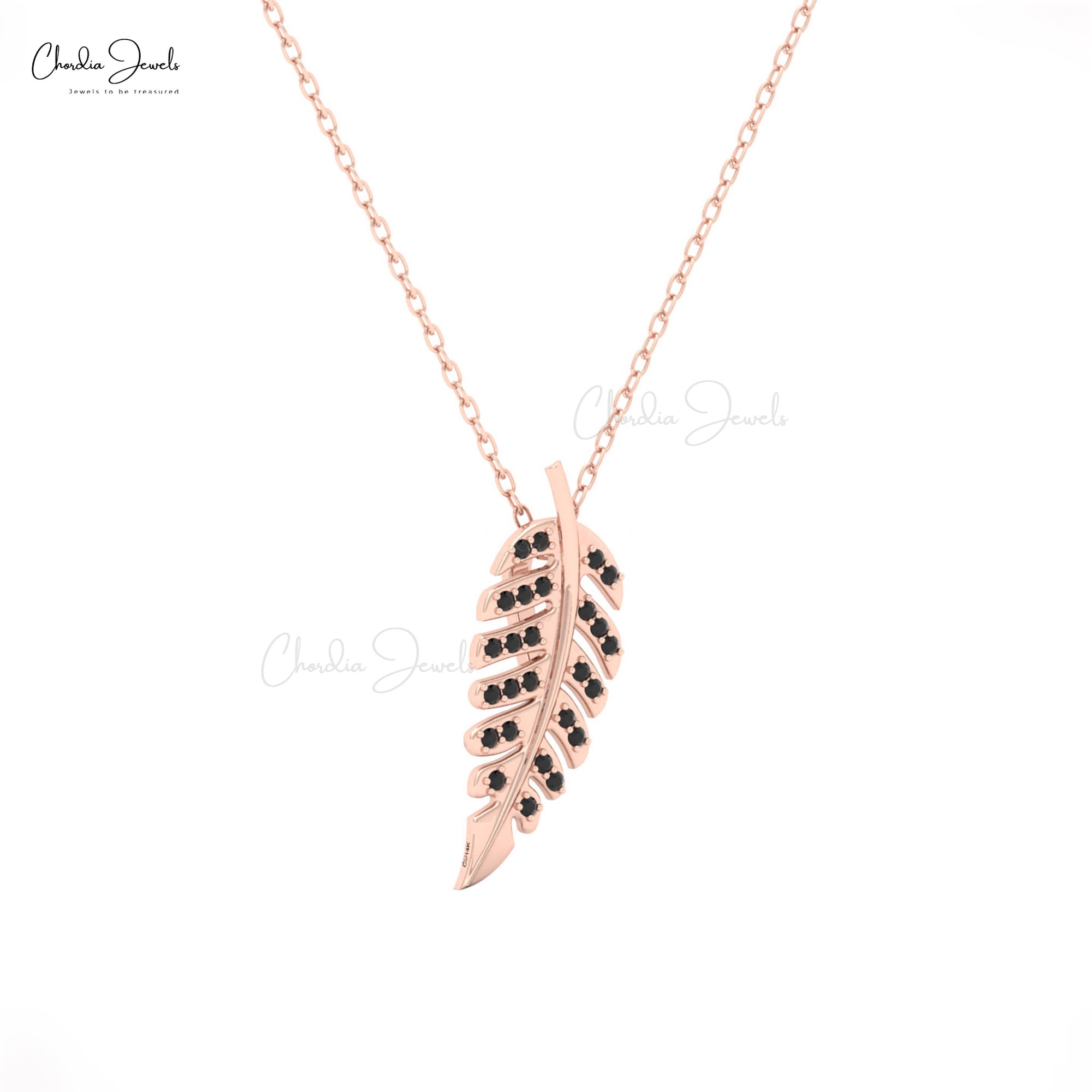 CJ AAA Leaf Pendant Necklace ? 14K Solid Gold with Black Diamonds