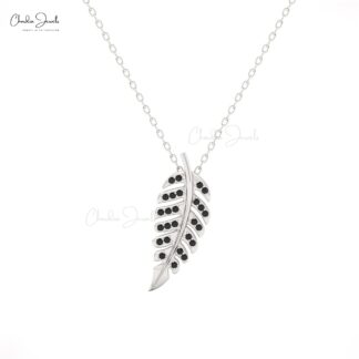 CJ AAA Leaf Pendant Necklace ? 14K Solid Gold with Black Diamonds