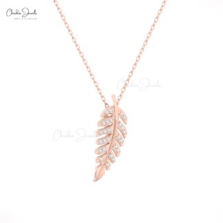 CJ Leaf Pendant Necklace ? 14K Solid Gold with White Diamonds