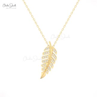 CJ Leaf Pendant Necklace ? 14K Solid Gold with White Diamonds