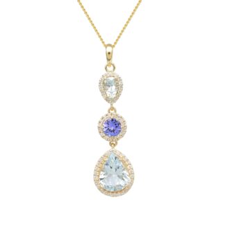 Triple Halo Diamond Verified Pendant In 14k Yellow Gold Aquamarine Tanzanite Dangle Necklace