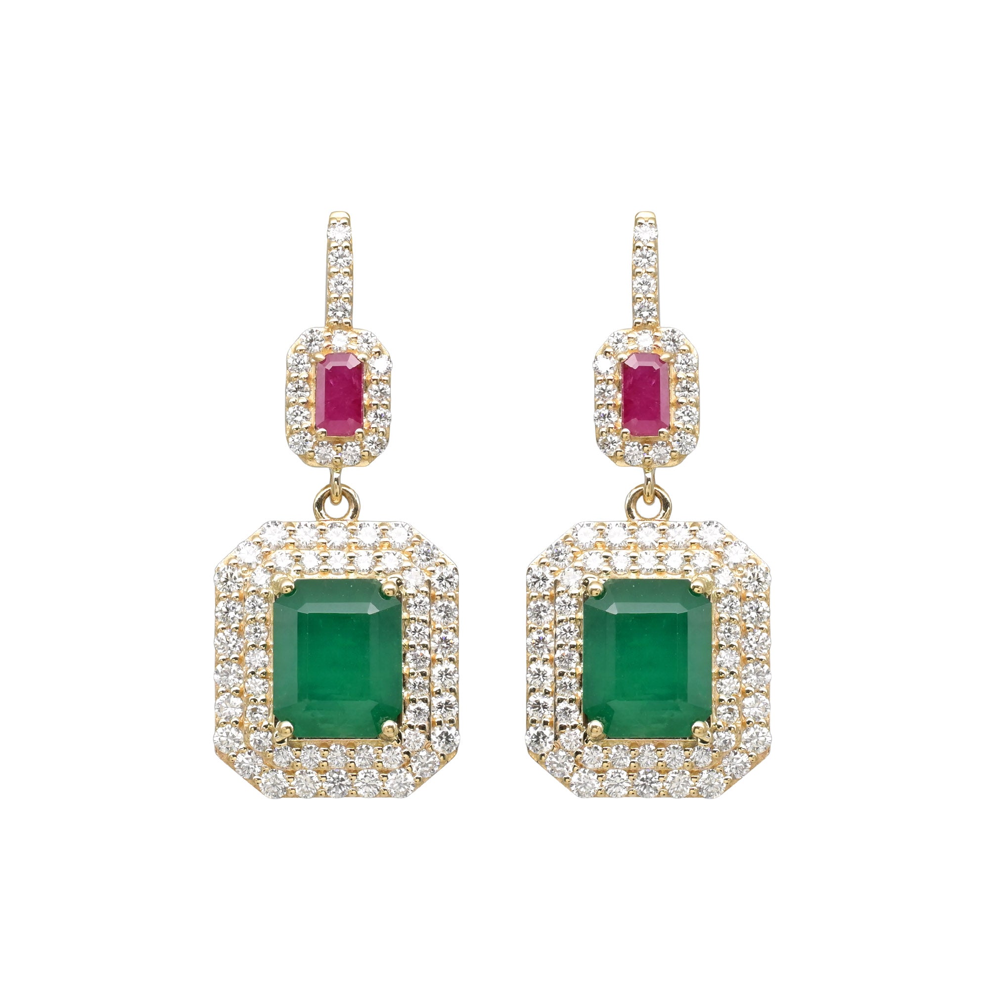 Dangle Halo Diamond Earring In 14k Yellow Gold Emerald And Ruby IGI Verified Bridal Earrings