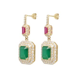 Dangle Halo Diamond Earring In 14k Yellow Gold Emerald And Ruby IGI Verified Bridal Earrings