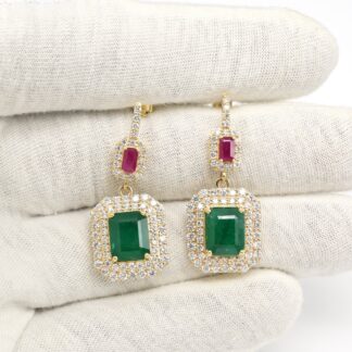 Dangle Halo Diamond Earring In 14k Yellow Gold Emerald And Ruby IGI Verified Bridal Earrings