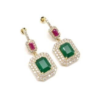 Dangle Halo Diamond Earring In 14k Yellow Gold Emerald And Ruby IGI Verified Bridal Earrings