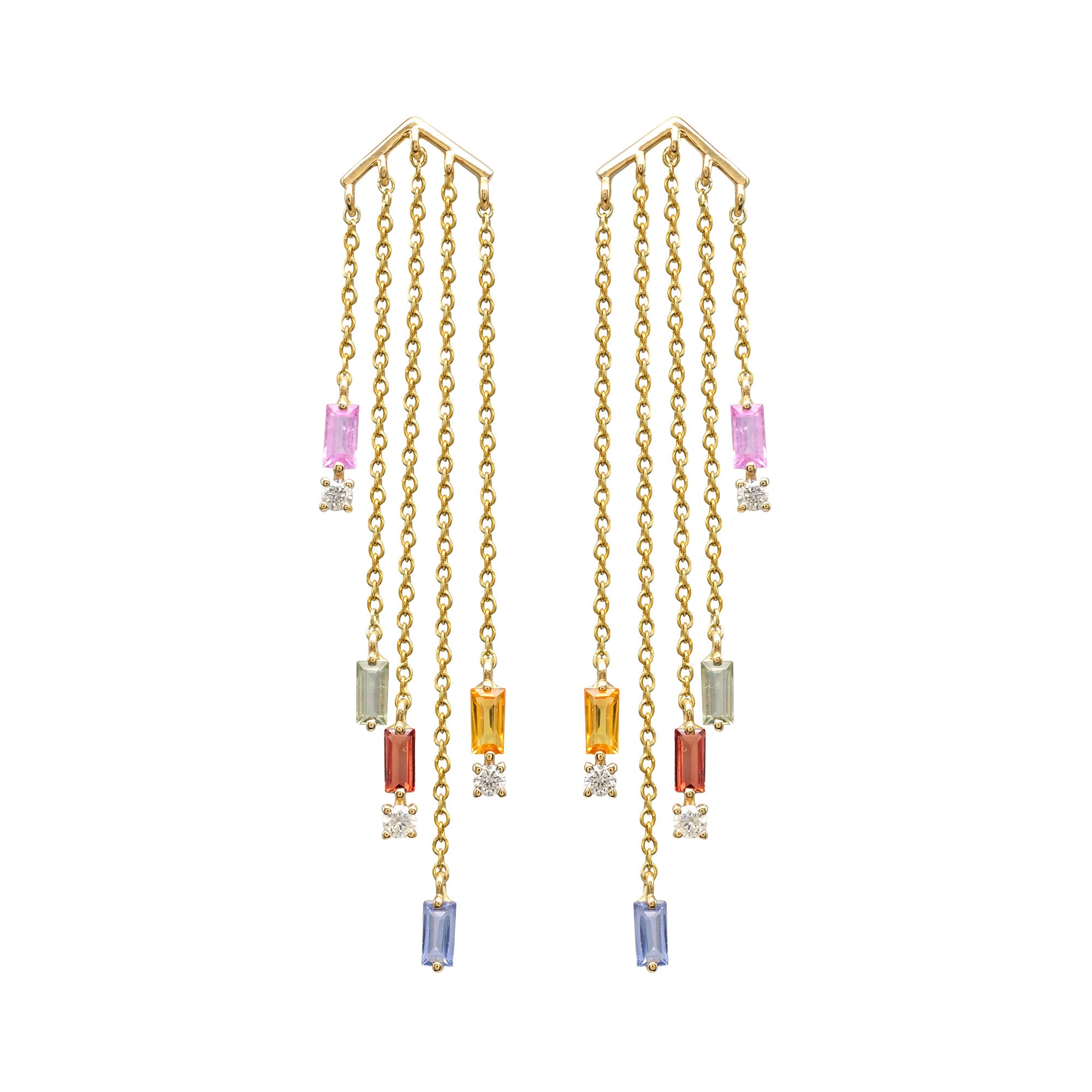 Dangle Chain Certified Earring With 4x2mm Multi Sapphire Diamond 14k Yellow Gold Earrings