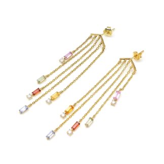 Dangle Chain Certified Earring With 4x2mm Multi Sapphire Diamond 14k Yellow Gold Earrings
