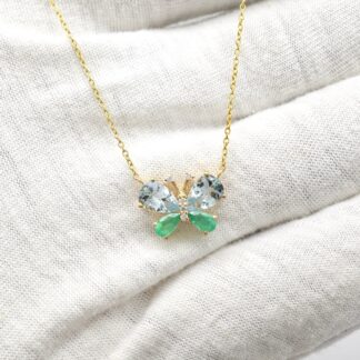 Pear Aquamarine Butterfly Necklace In 14k Yellow Gold Emerald G-H Diamond Verified Jewelry