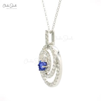 Swirl Diamond Halo Pendant With 6mm Tanzanite Prong Set In 14k White Gold Spiral Pendants