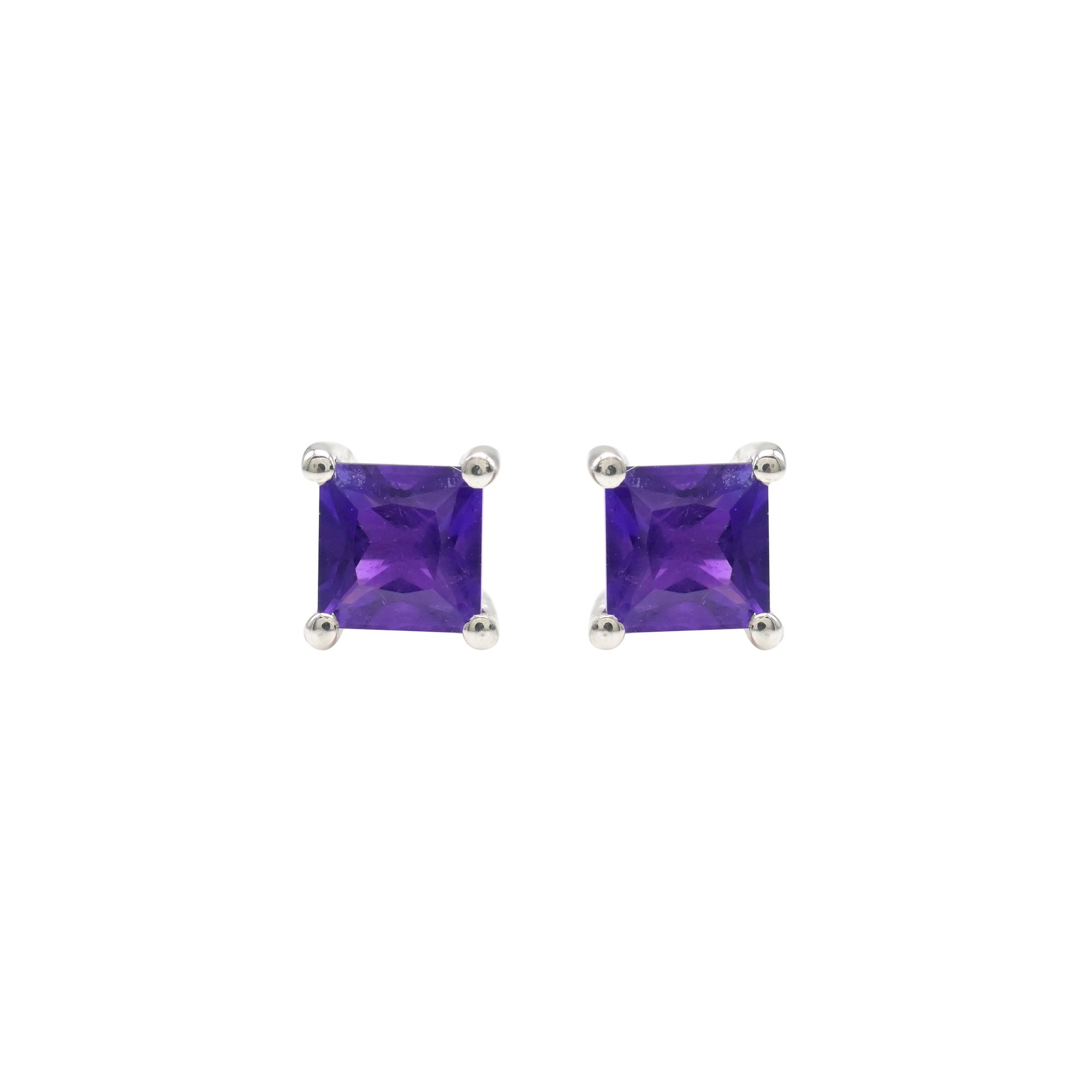 Solitaire Square Studs In 925 Sterling Silver Amethyst February Birthstone Earrings