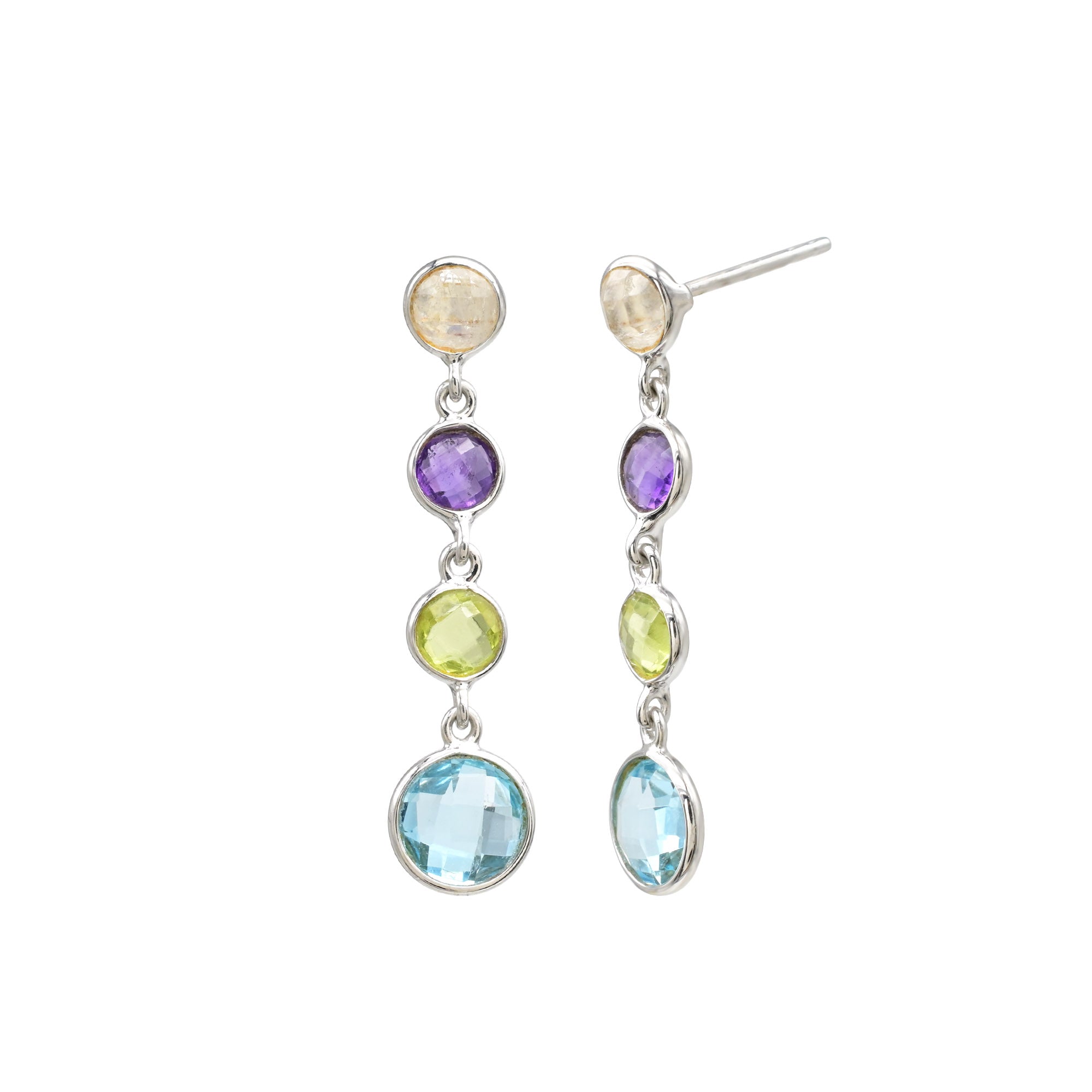 Dangle Multi Gemstone Earring In 925 Sterling Silver Round Cut Both Side Faceted Earrings