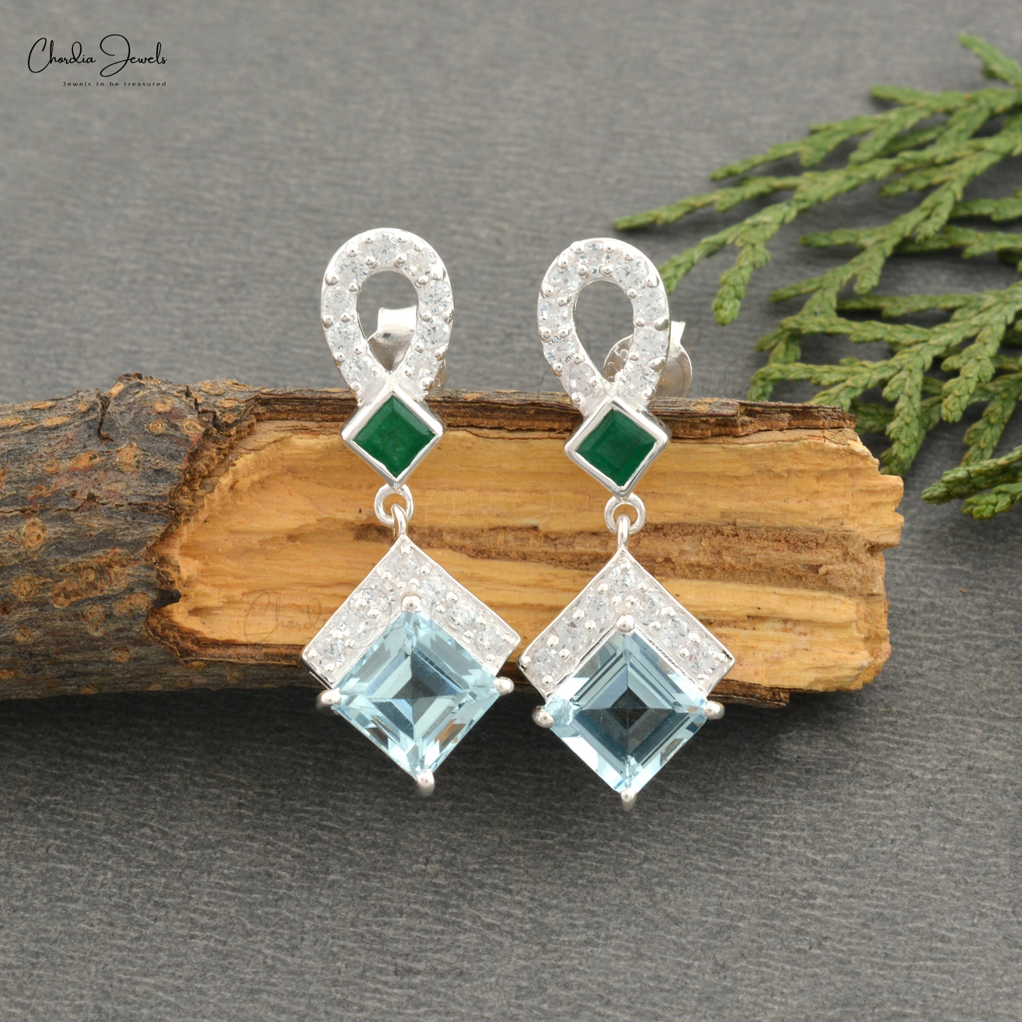 Square Emerald And Aquamarine Dangle Earring With Zircon Earrings In 925 Sterling Silver