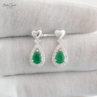 Halo Danglers Earring In 925 Sterling Silver Emerald 7x5mm Gemstone And Zircon Earrings