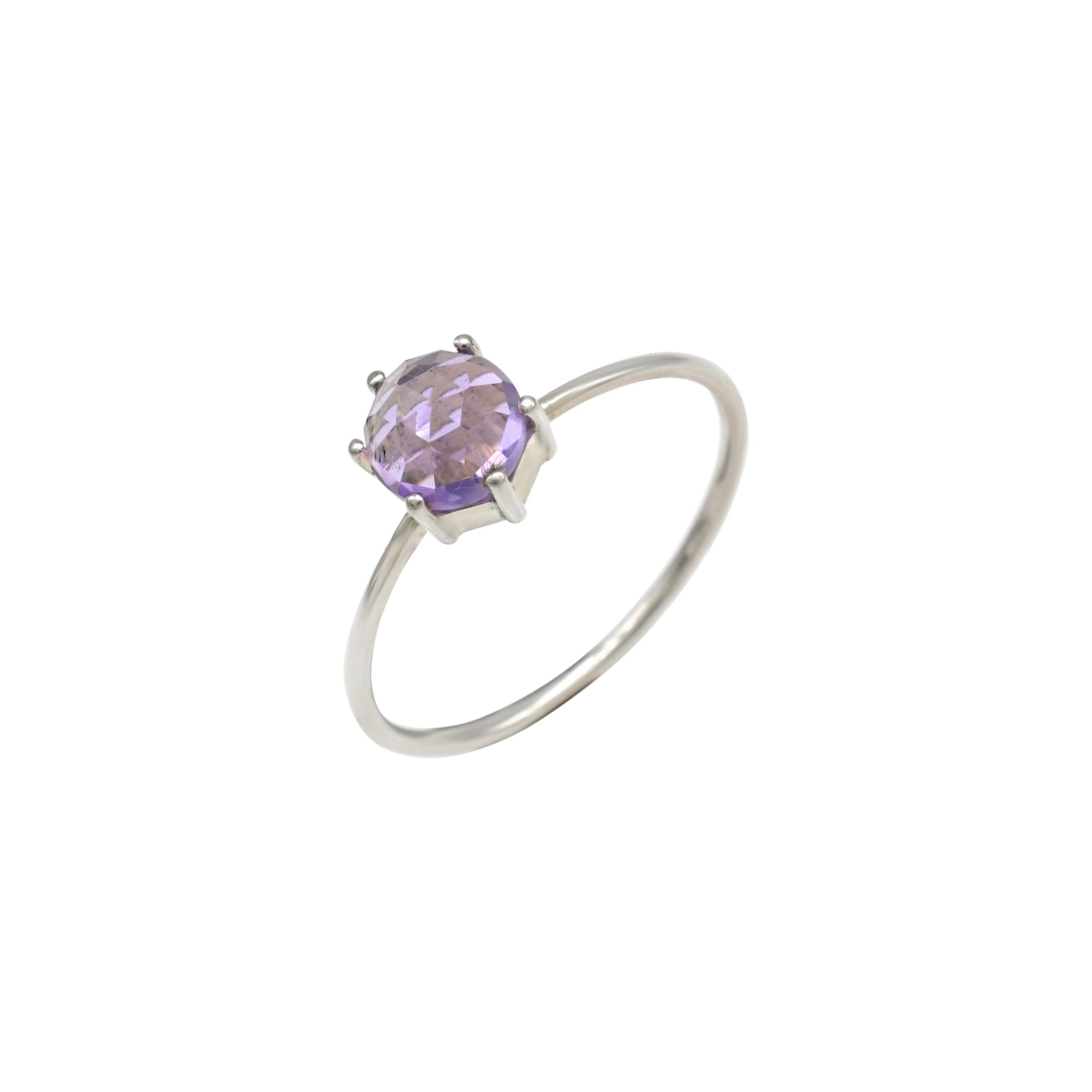 High Polish 925 Sterling Silver Pink Amethyst Round Cabochon Prong Set Ring For Her