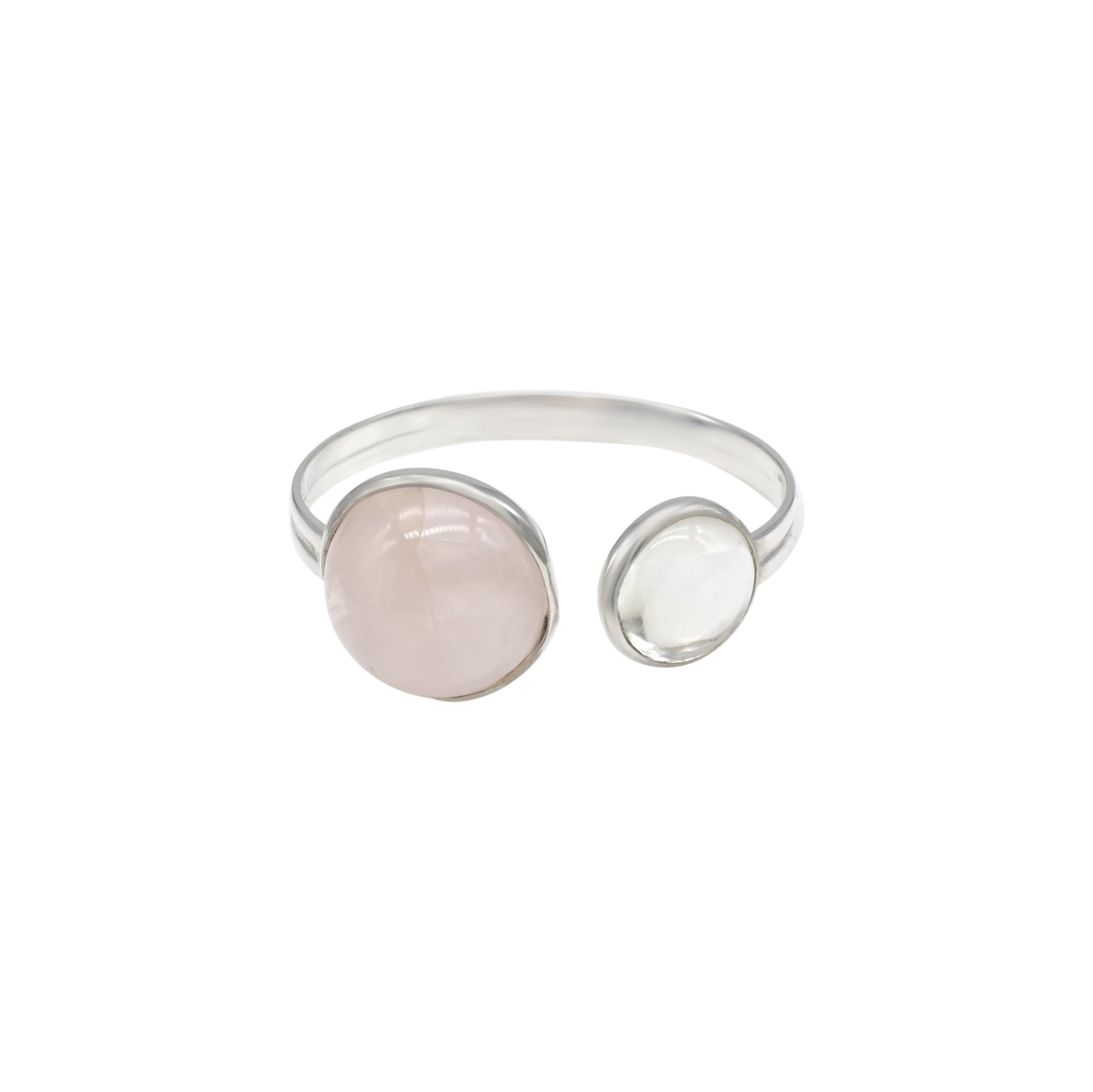 High Quality Open Cuff Ring In 925 Silver Rose Quartz White Topaz 2 Stone Handmade Ring