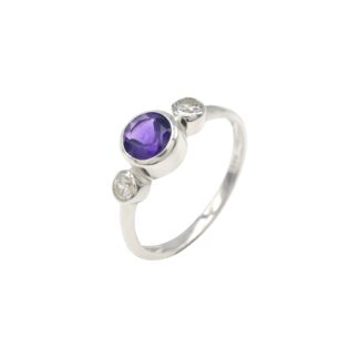 Round Amethyst 6mm Gemstone Bezel Set In 925 Sterling Silver Zircon 3 Stone Ring