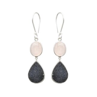 Dangle Two Stone Earrings With 8.7 Ct Rose Quartz And Druzy 925 Sterling Silver Earrings