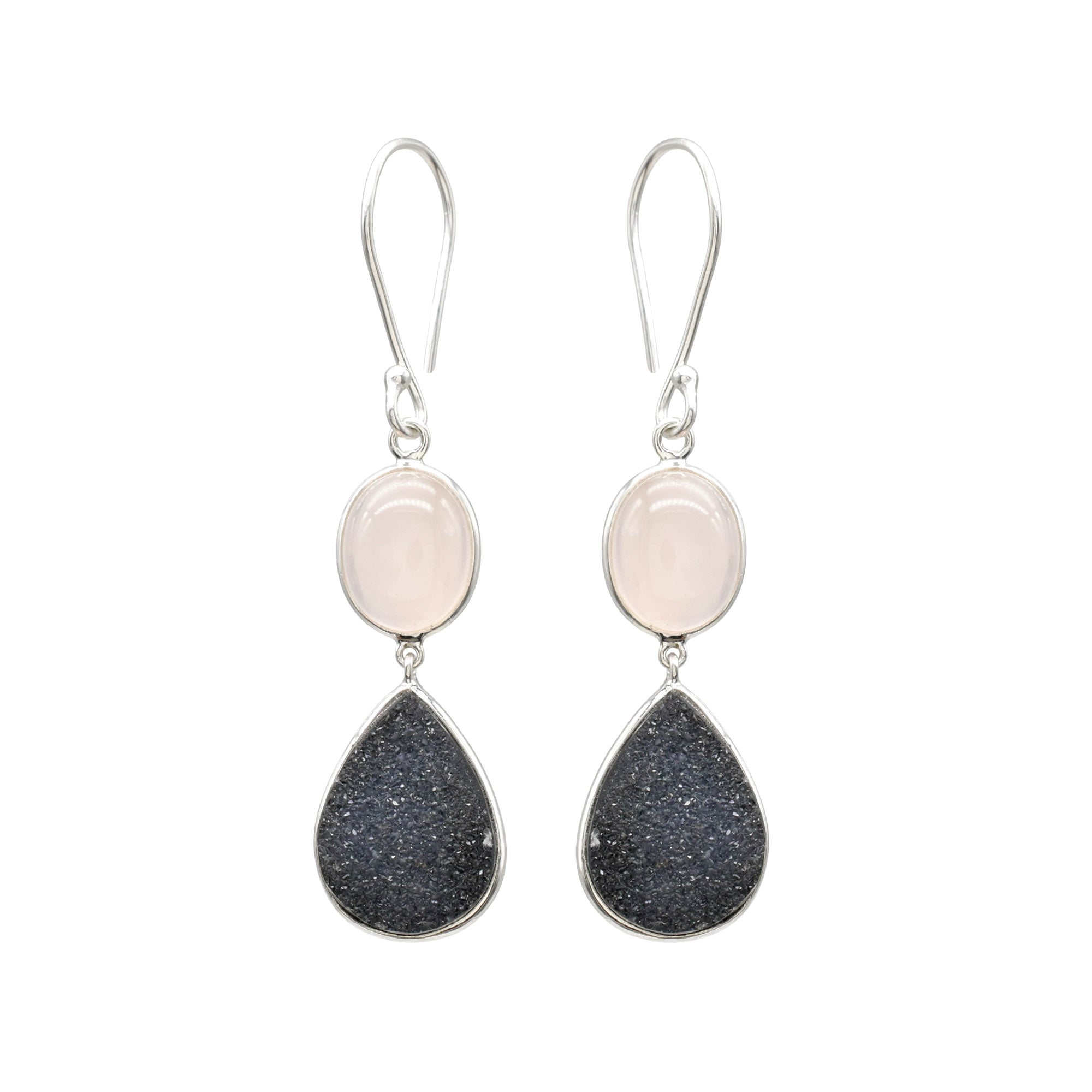 Dangle Two Stone Earrings With 8.7 Ct Rose Quartz And Druzy 925 Sterling Silver Earrings