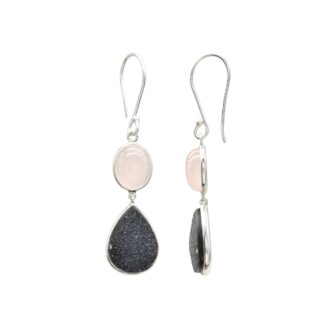 Dangle Two Stone Earrings With 8.7 Ct Rose Quartz And Druzy 925 Sterling Silver Earrings