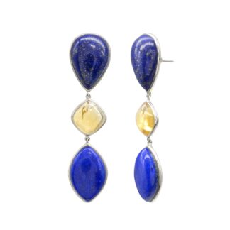 Triple Stone Dangle Earrings In 925 Silver Lapis Lazuli And Citrine Gemstone Earrings
