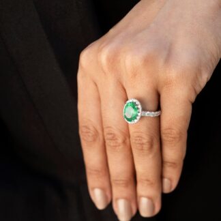 Luxury Halo Diamond Ring With 11x8mm Emerald Prong Set In 14k White Gold Engagement Ring