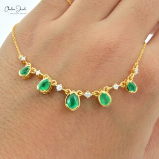 Bezel Set Emerald Chain Necklace In 14k Yellow Gold Diamond IGI Certified Fine Necklaces
