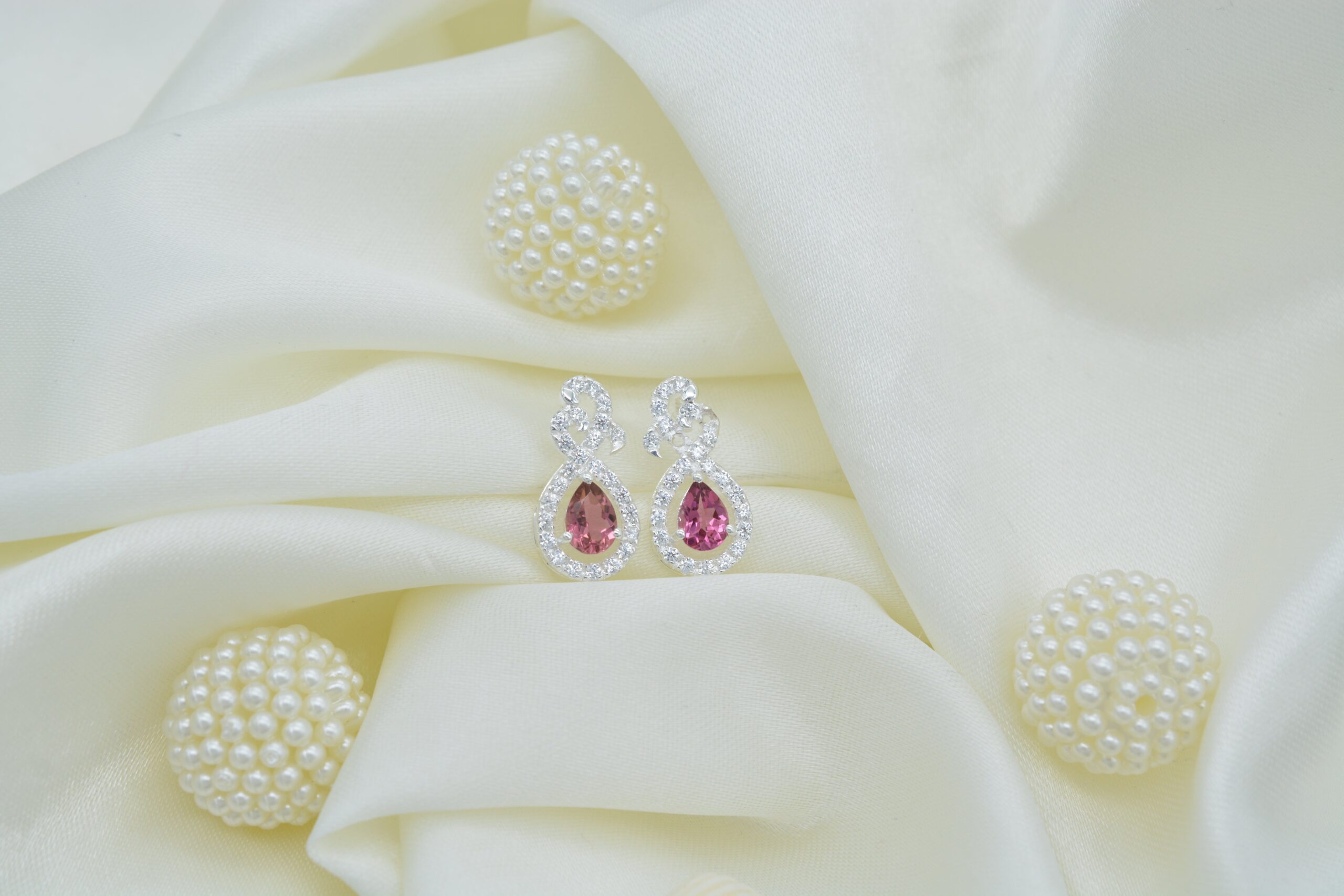 Top Quality Pink Tourmaline 7x5mm Gemstone And Zircon 925 Silver Halo Stud Earrings