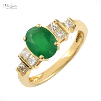 Real 18k Yellow Gold 7 Stone Ring With 7x4mm Emerald IGI Certified Diamond Wedding Rings