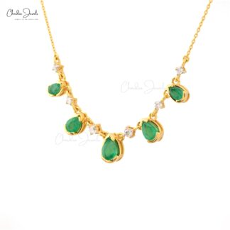 Bezel Set Emerald Chain Necklace In 14k Yellow Gold Diamond IGI Certified Fine Necklaces