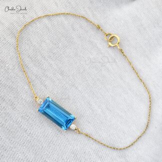 Three Stone Chain Bracelet in 14k Yellow Gold Swiss Blue Topaz Diamond Jewelry