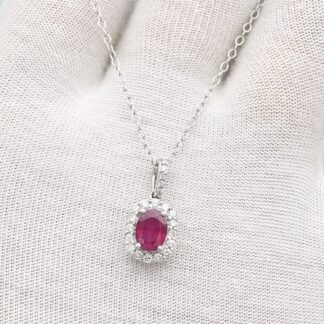 IGI Certified Halo Pendant In 14k Real White Gold Burma Ruby Diamond Pendant For Her