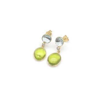 Bezel Set Trio Earring With 8x6mm Peridot And Aquamarine Diamond 14k Yellow Gold Earrings