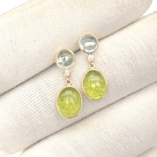 Oval Peridot Dangle Earring With 6mm Aquamarine Diamond 14k Yellow Gold 3 Stone Earrings