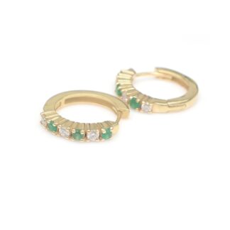 Pure 14k Yellow Gold Huggie Hoops With 0.18 Ct Emerald Dainty Diamond Hallmark Earrings