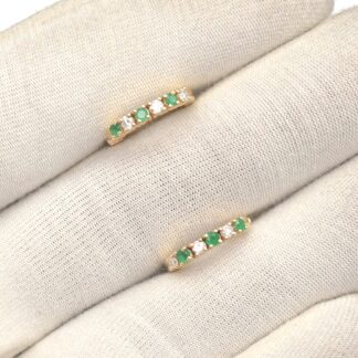 Pure 14k Yellow Gold Huggie Hoops With 0.18 Ct Emerald Dainty Diamond Hallmark Earrings