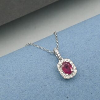 IGI Certified Halo Pendant In 14k Real White Gold Burma Ruby Diamond Pendant For Her
