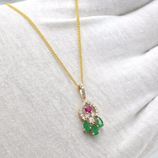 Dangle Multi Stone Pendant In 14k Yellow Gold Emerald & Ruby Diamond Cluster Necklace