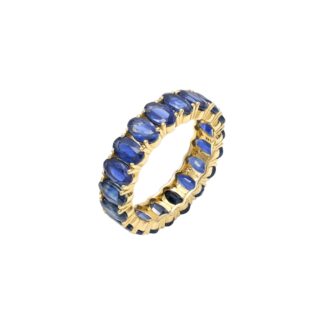 Eternity Gemstone Band In 14k Real Yellow Gold Blue Sapphire 5x3mm Oval Wedding Ring
