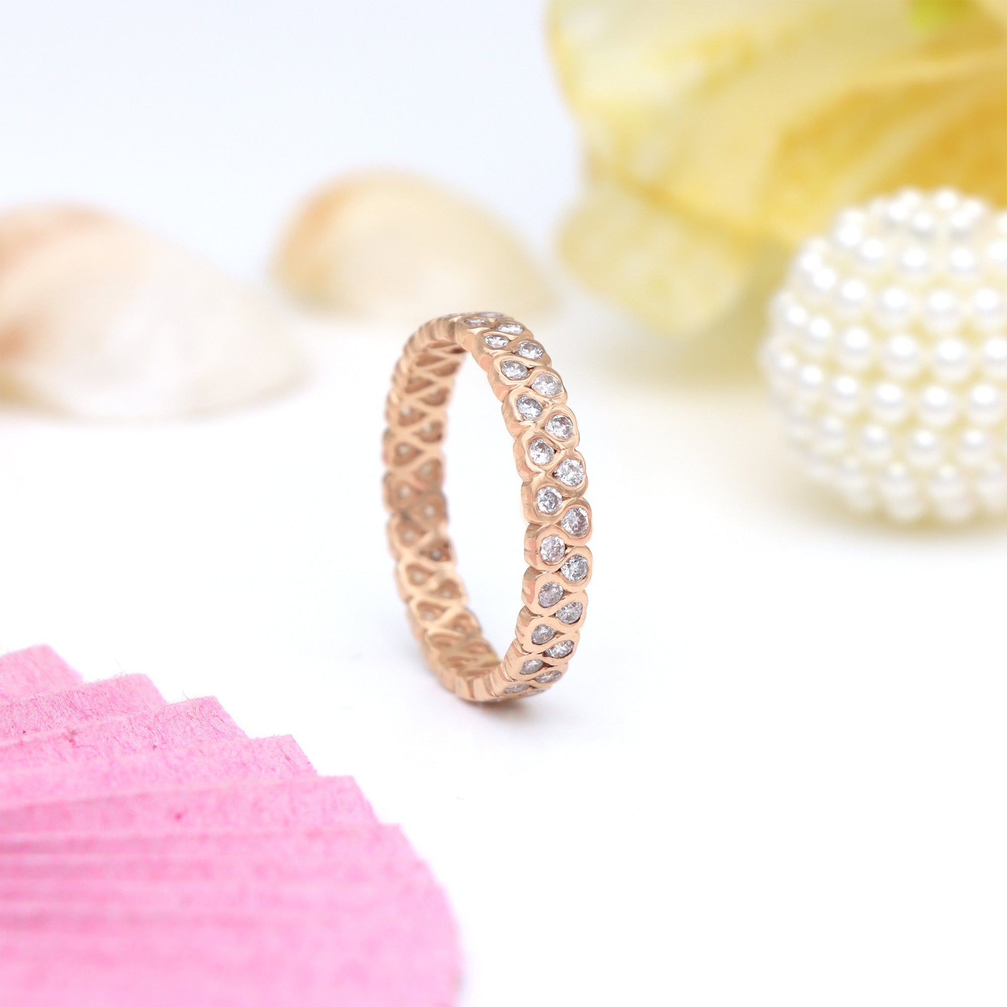 Dainty Eternity Wedding Band In 14k Rose Gold G-H Diamond 1.5mm Round Stacking Ring
