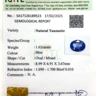 AAA Quality Loose Stone 1.62 Ct Blue Tanzanite Oval Cut Gemstone for Jewelry, 1 Piece