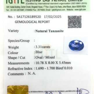 Certified Oval Tanzanite 10.78mm x 8mm Semi Loose Gemstone For Sale, 1 Piece