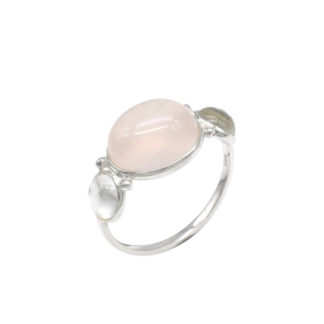 Top Quality 6 Ct Rose Quartz Cabochon And White Topaz Trio Ring In 925 Solid Silver